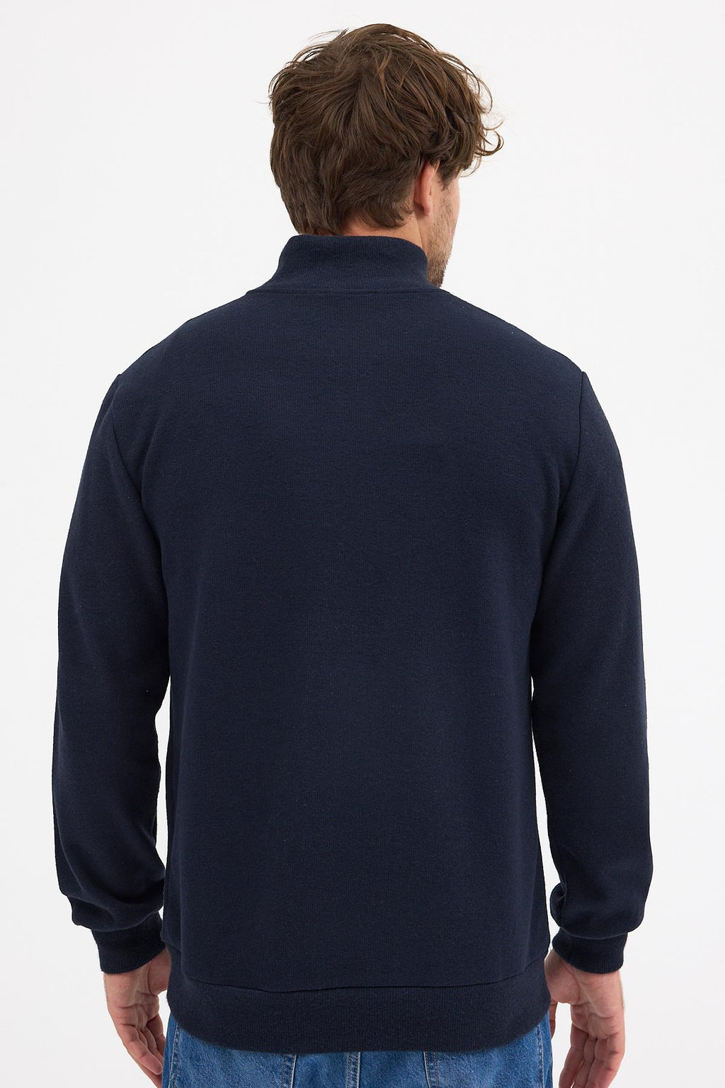 Erkek Lacivert Standart Fit Normal Kesim Pamuklu Yarım Fermuarlı Dik Yaka Pamuklu Sweatshirt