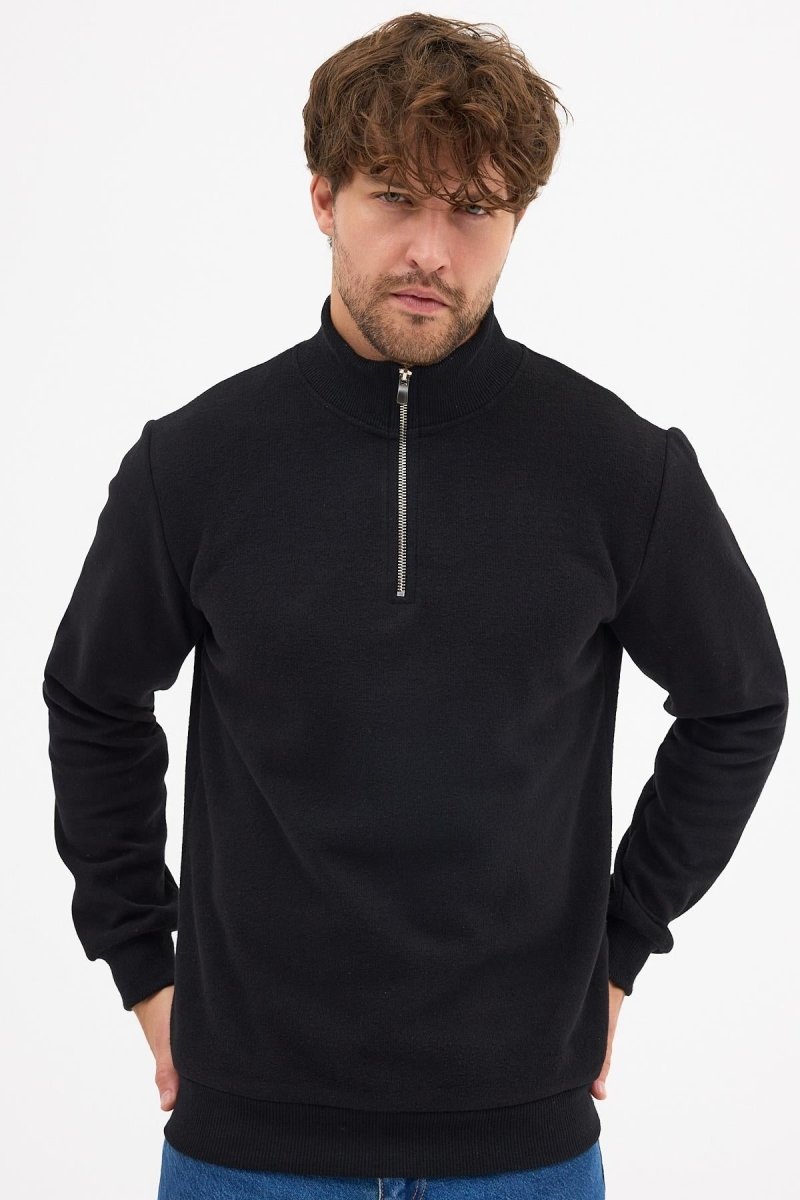 Erkek Siyah Standart Fit Normal Kesim Pamuklu Yarım Fermuarlı Dik Yaka Pamuklu Sweatshirt - MMETALIC
