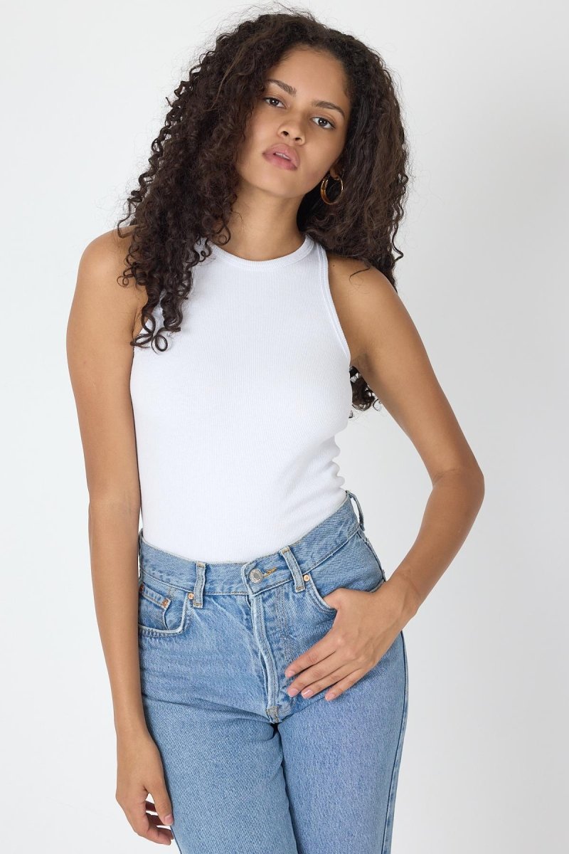 Fitilli Regular Fit Normal Kalıp Beyaz Bisiklet Yaka Sıfır Kol Pamuklu Kadın Atlet - MMETALIC