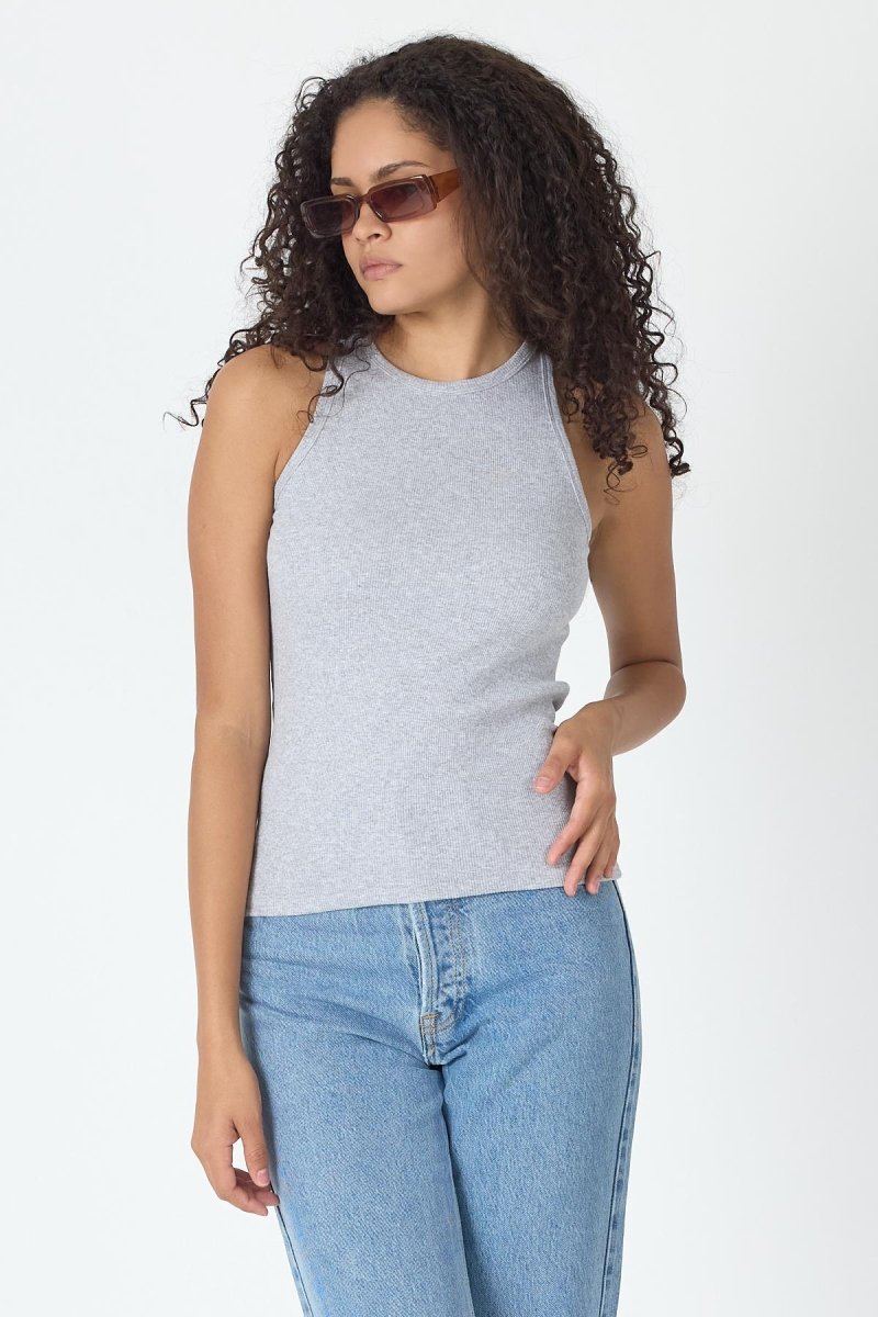 Fitilli Regular Fit Normal Kalıp Gri Bisiklet Yaka Sıfır Kol Pamuklu Kadın Atlet MTLCB112 - MMETALIC