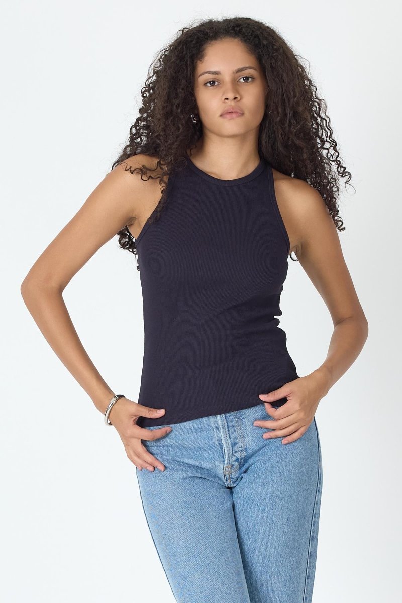 Fitilli Regular Fit Normal Kalıp Lacivert Bisiklet Yaka Sıfır Kol Pamuklu Kadın Atlet MTLCB112 - MMETALIC