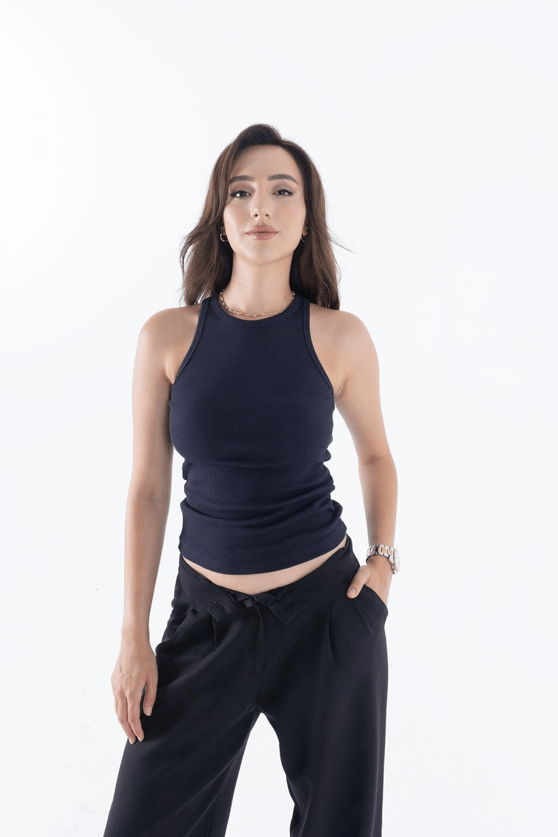 Fitilli Regular Fit Normal Kalıp Siyah - Beyaz Bisiklet Yaka Sıfır Kol Pamuklu 2'li Kadın Atlet - MMETALIC