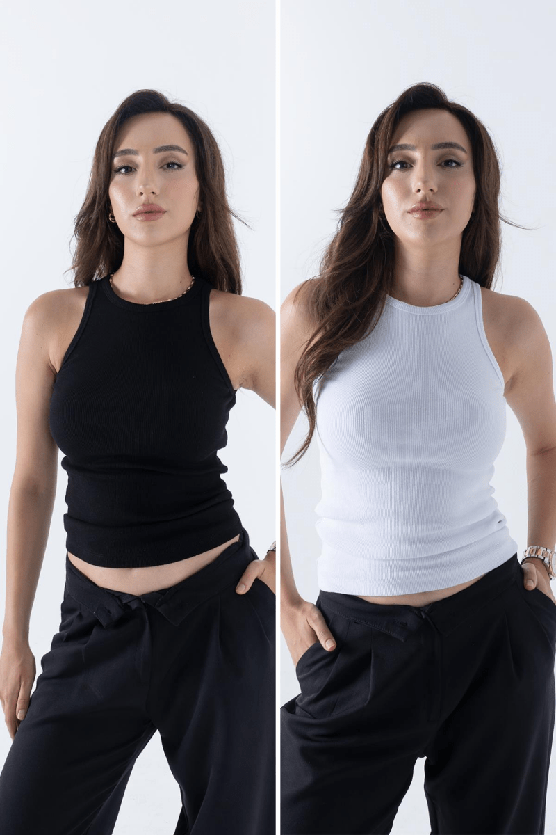 Fitilli Regular Fit Normal Kalıp Siyah - Beyaz Bisiklet Yaka Sıfır Kol Pamuklu 2'li Kadın Atlet - MMETALIC