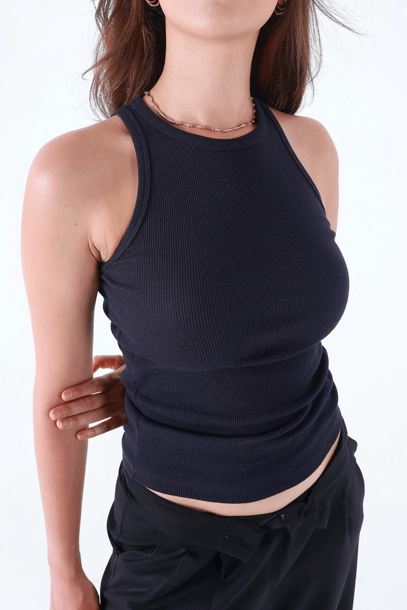 Fitilli Regular Fit Normal Kalıp Siyah - Beyaz Bisiklet Yaka Sıfır Kol Pamuklu 2'li Kadın Atlet - MMETALIC