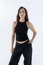 Fitilli Regular Fit Normal Kalıp Siyah - Beyaz Bisiklet Yaka Sıfır Kol Pamuklu 2'li Kadın Atlet - MMETALIC