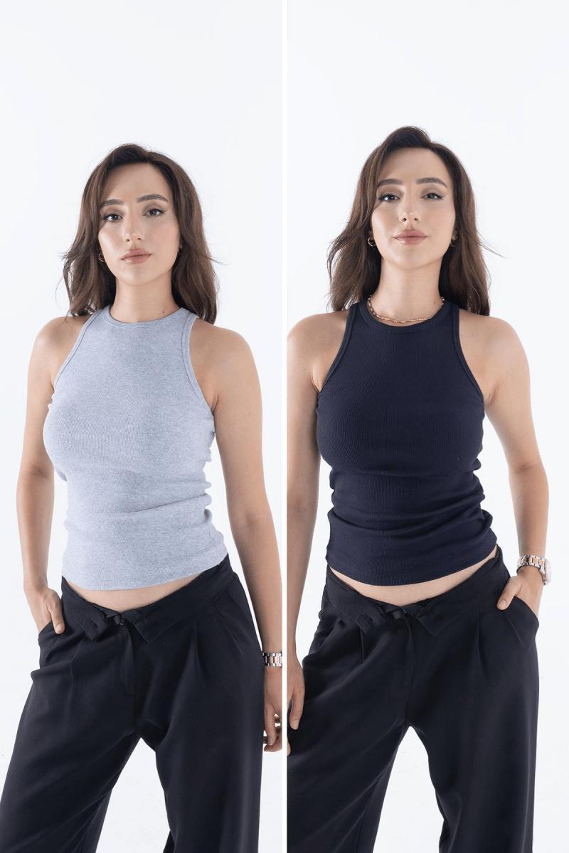 Fitilli Regular Fit Normal Kalıp Siyah - Beyaz Bisiklet Yaka Sıfır Kol Pamuklu 2'li Kadın Atlet - MMETALIC