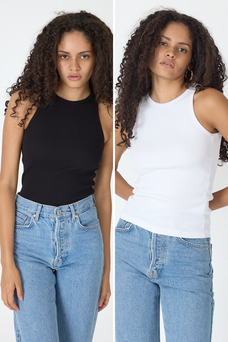 Fitilli Regular Fit Normal Kalıp Siyah - Beyaz Bisiklet Yaka Sıfır Kol Pamuklu 2'li Kadın Atlet - MMETALIC