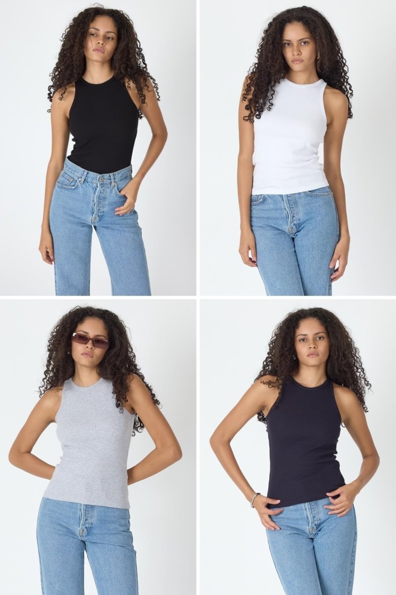 Fitilli Regular Fit Normal Kalıp Siyah - Beyaz - Gri - Lacivert Bisiklet Yaka Sıfır Kol Pamuklu 4'lü Kadın Atlet - MMETALIC