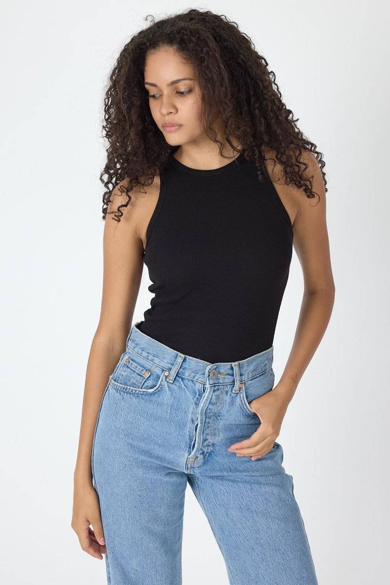 Fitilli Regular Fit Normal Kalıp Siyah Bisiklet Yaka Sıfır Kol Pamuklu Kadın Atlet MTLCB112 - MMETALIC