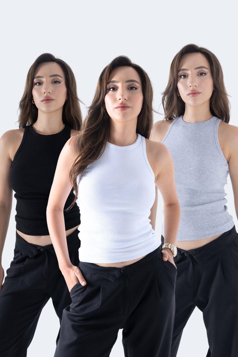 Fitilli Regular Fit Normal Kalıp Siyah - Gri - Beyaz Bisiklet Yaka Sıfır Kol Pamuklu 3'lü Kadın Atlet - MMETALIC