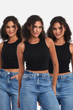 Fitilli Siyah Crop Halter Yaka Sıfır Kol Pamuklu 3'lü Kadın Atlet - MMETALIC