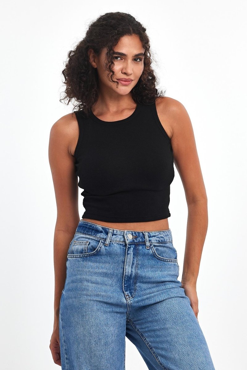 Fitilli Siyah Crop Halter Yaka Sıfır Kol Pamuklu 5'li Kadın Atlet - MMETALIC