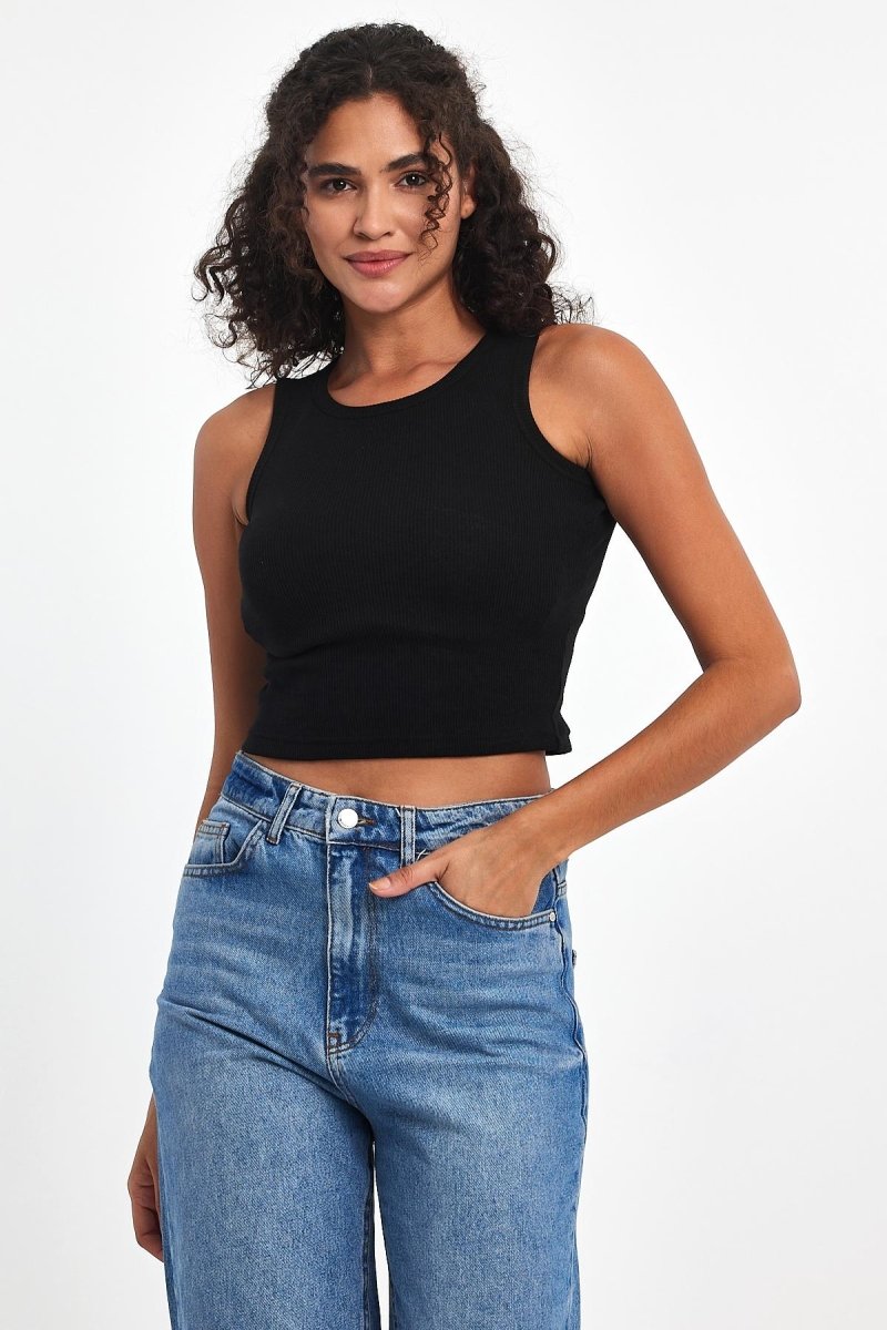 Fitilli Siyah Crop Halter Yaka Sıfır Kol Pamuklu 5'li Kadın Atlet - MMETALIC