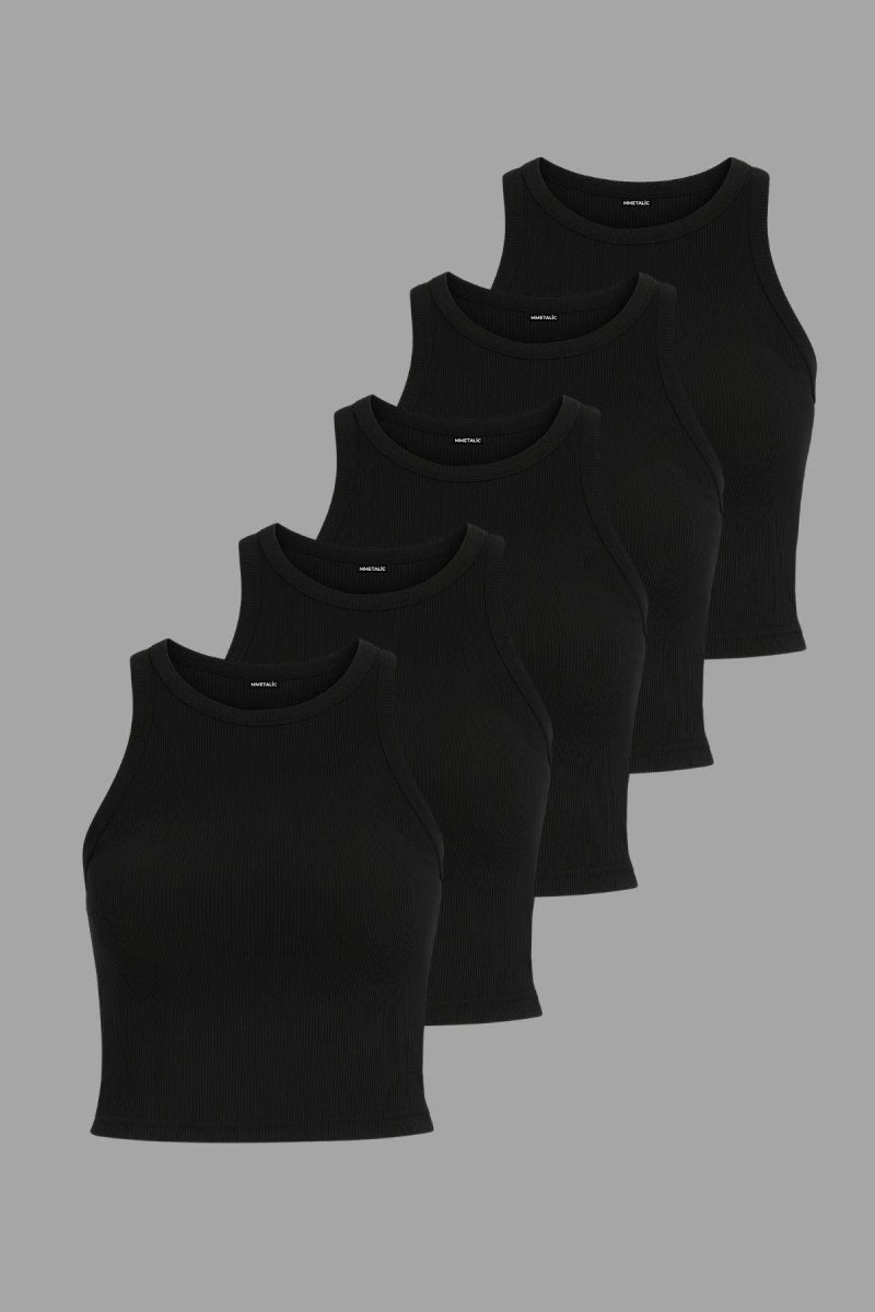 Fitilli Siyah Crop Halter Yaka Sıfır Kol Pamuklu 5'li Kadın Atlet - MMETALIC