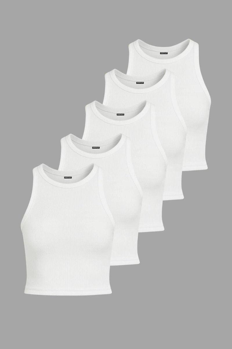 Fitilli Siyah Crop Halter Yaka Sıfır Kol Pamuklu 5'li Kadın Atlet - MMETALIC