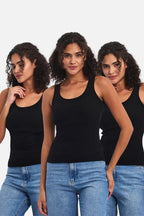 Fitilli Siyah Crop Havuz Yaka Sıfır Kol Pamuklu 3'lü Kadın Atlet MTLCB92 - MMETALIC