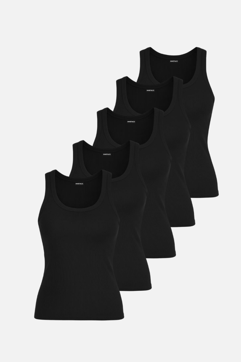 Fitilli Siyah Crop Havuz Yaka Sıfır Kol Pamuklu 5'li Kadın Atlet MTLCB92 - 5 - MMETALIC