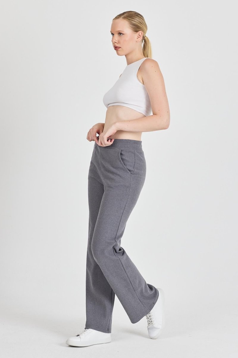 Füme Fitilli Geniş Paça Kaşkorse Yüksek Bel Cepli Kadın Eşofman Altı - MMETALIC