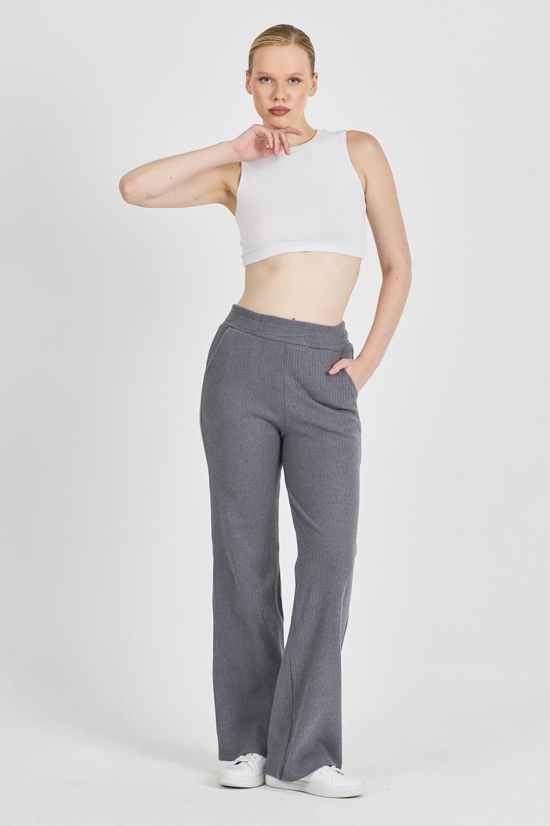 Füme Fitilli Geniş Paça Kaşkorse Yüksek Bel Cepli Kadın Eşofman Altı - MMETALIC