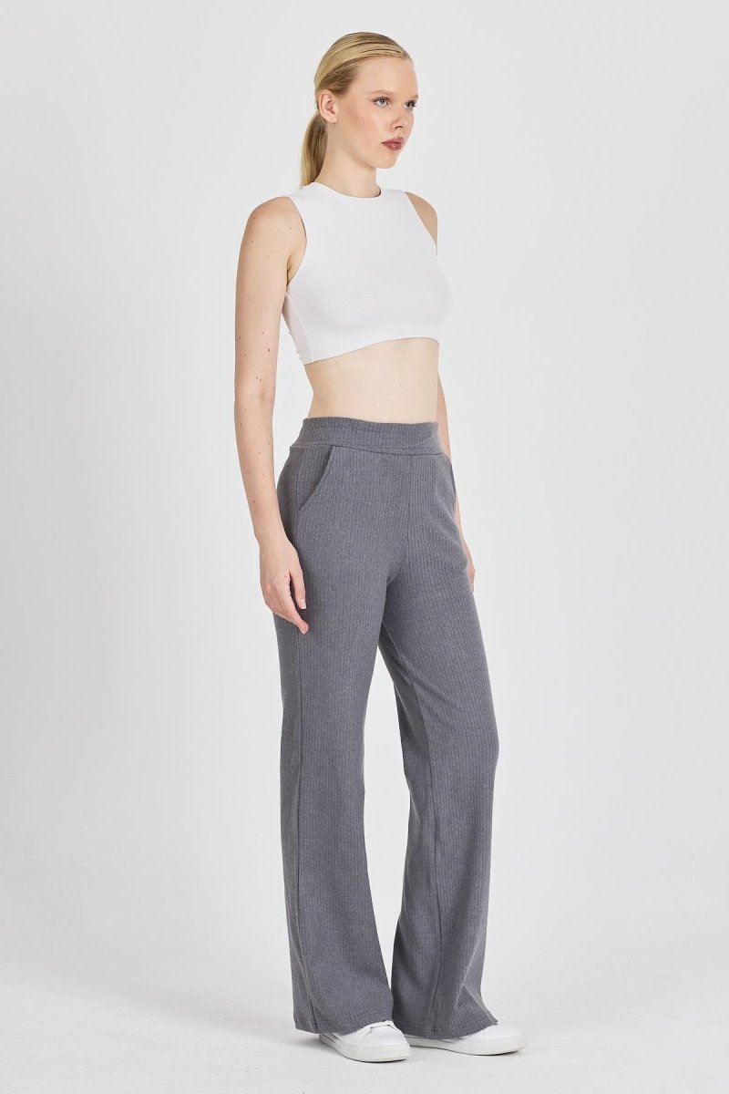 Füme Fitilli Geniş Paça Kaşkorse Yüksek Bel Cepli Kadın Eşofman Altı - MMETALIC