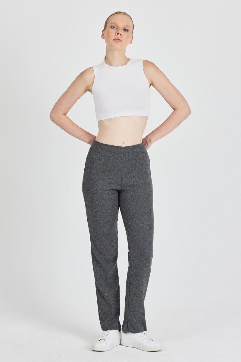 Füme Fitilli Geniş Paça Pamuklu İnce Yüksek Bel Kadın Eşofman Altı - MMETALIC