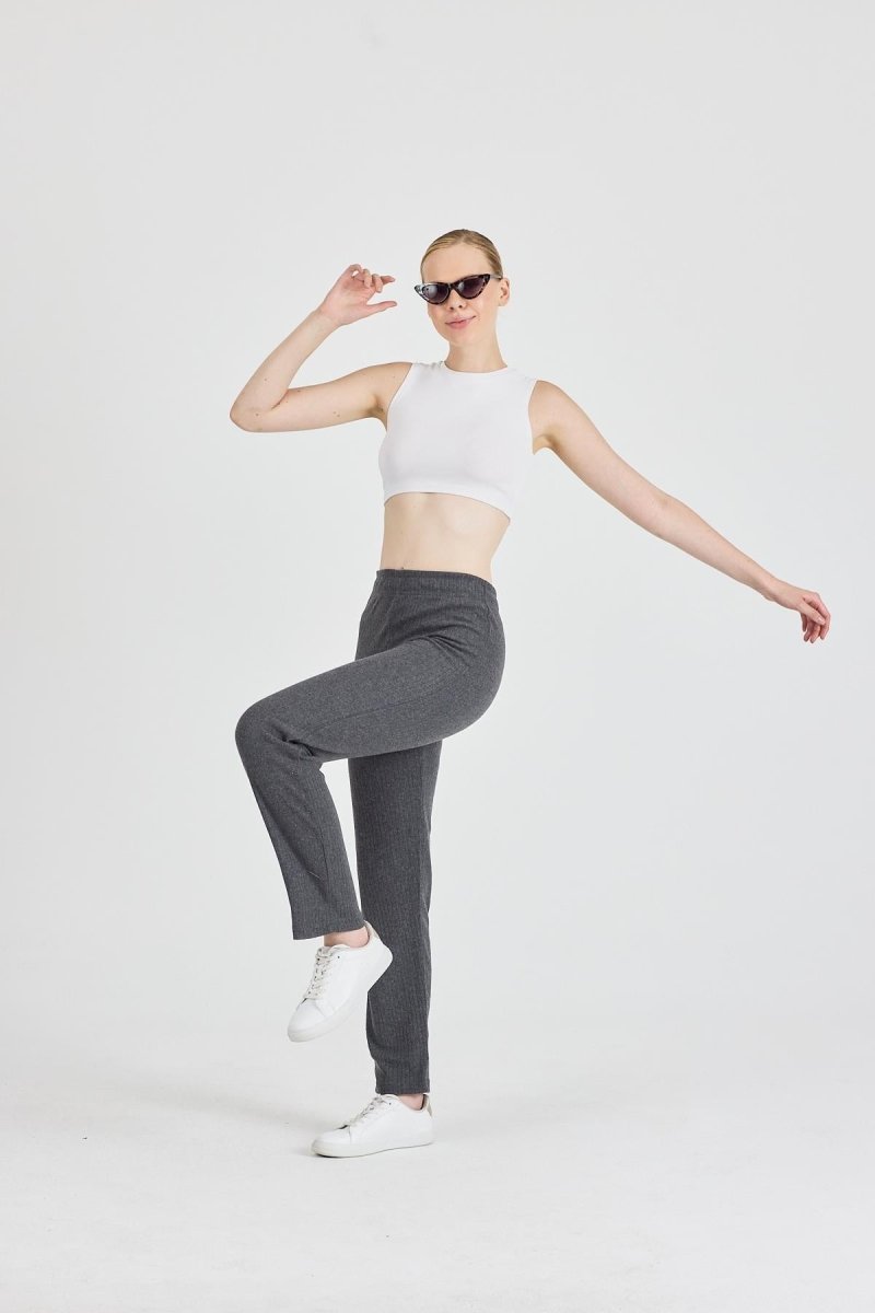 Füme Fitilli Geniş Paça Pamuklu İnce Yüksek Bel Kadın Eşofman Altı - MMETALIC