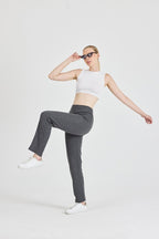 Füme Fitilli Geniş Paça Pamuklu İnce Yüksek Bel Kadın Eşofman Altı - MMETALIC