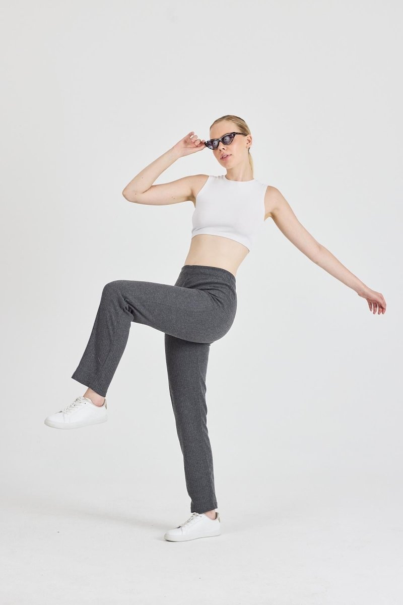 Füme Fitilli Geniş Paça Pamuklu İnce Yüksek Bel Kadın Eşofman Altı - MMETALIC