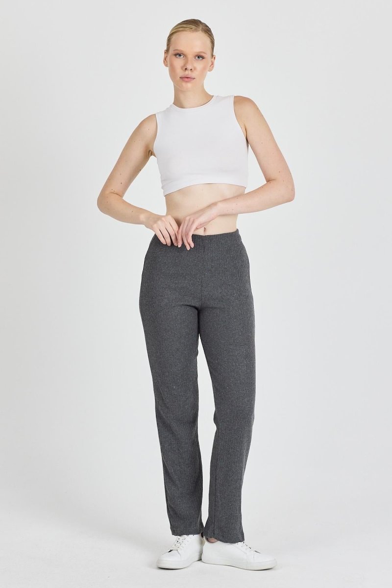 Füme Fitilli Geniş Paça Pamuklu İnce Yüksek Bel Kadın Eşofman Altı - MMETALIC