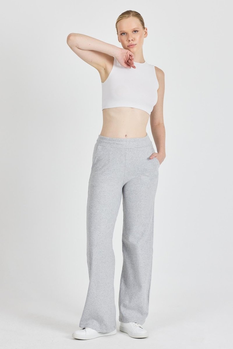 Gri Fitilli Geniş Paça Kaşkorse Yüksek Bel Cepli Kadın Eşofman Altı - MMETALIC