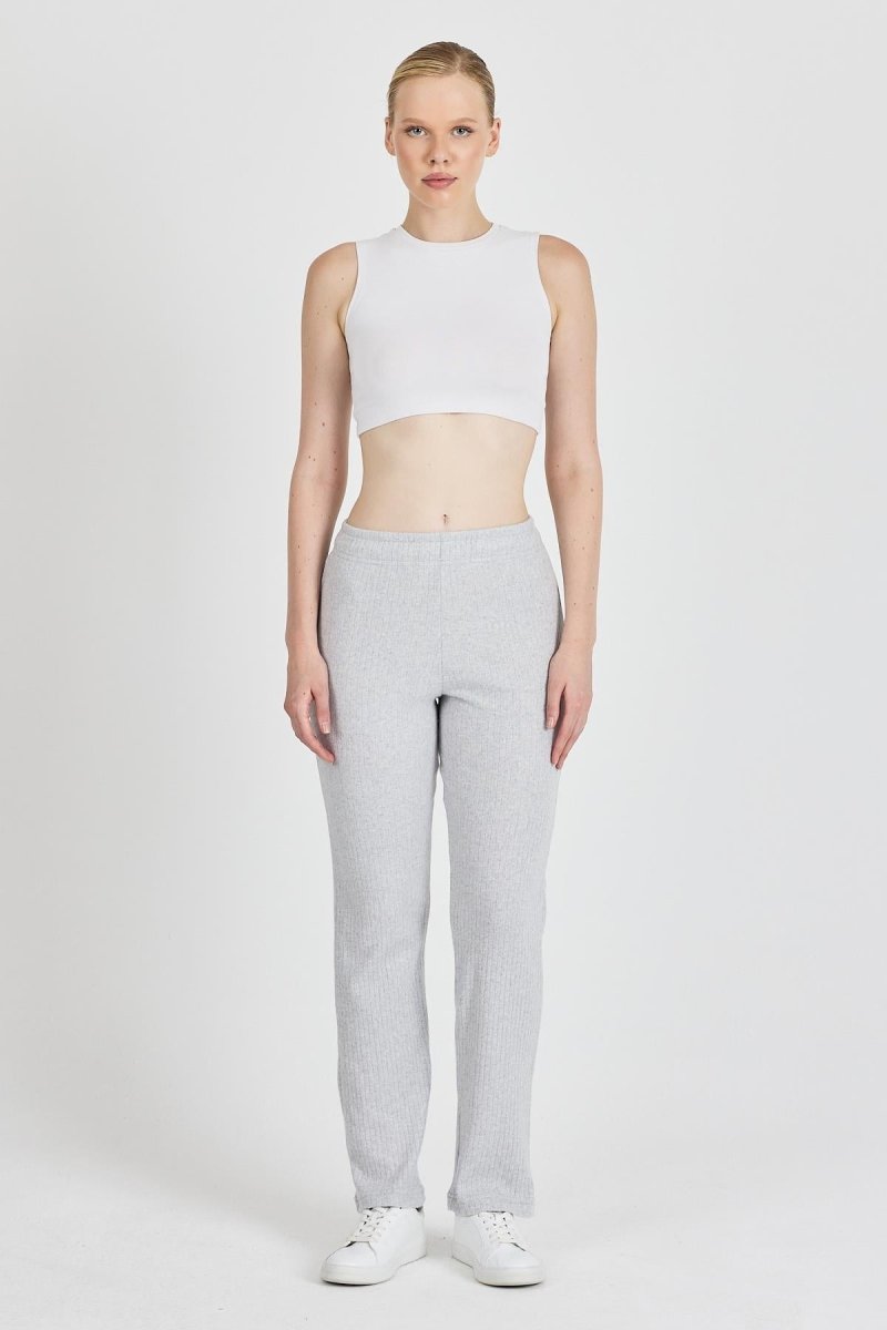 Gri Fitilli Geniş Paça Pamuklu İnce Yüksek Bel Kadın Eşofman Altı - MMETALIC