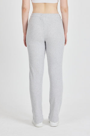 Gri Fitilli Geniş Paça Pamuklu İnce Yüksek Bel Kadın Eşofman Altı - MMETALIC