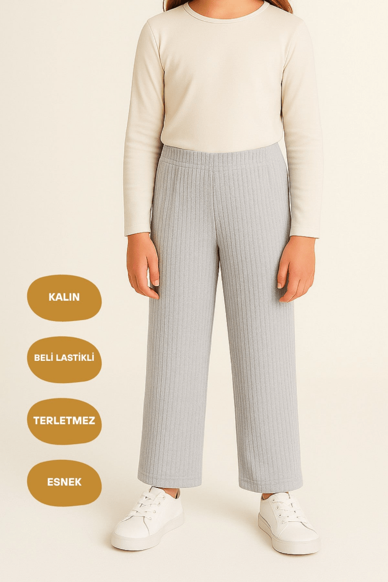 Gri Geniş Paça Beli Lastikli Kışlık Pamuklu Çocuk Eşofman Altı - MMETALIC