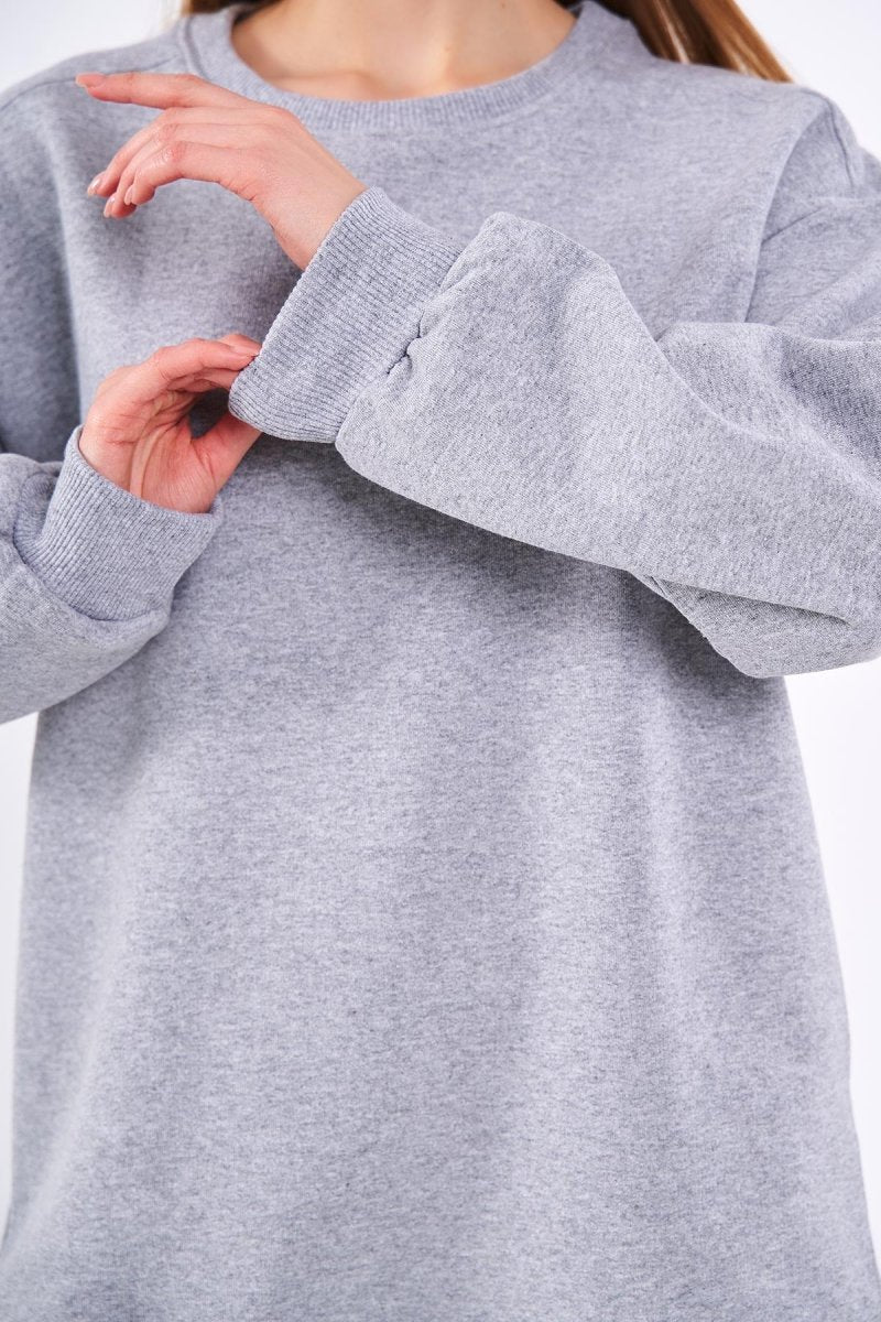Gri Kadın Pamuklu Oversize Basic Bisiklet Yaka Sweatshirt - MMETALIC