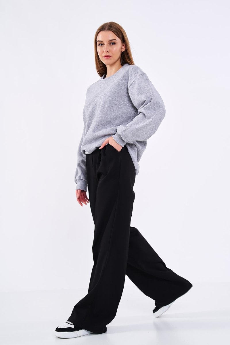 Gri Kadın Pamuklu Oversize Basic Bisiklet Yaka Sweatshirt - MMETALIC
