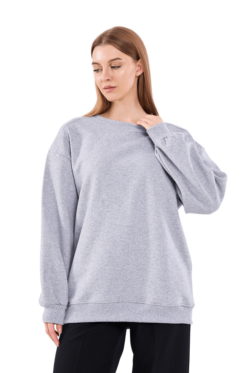 Gri Kadın Pamuklu Oversize Basic Bisiklet Yaka Sweatshirt - MMETALIC