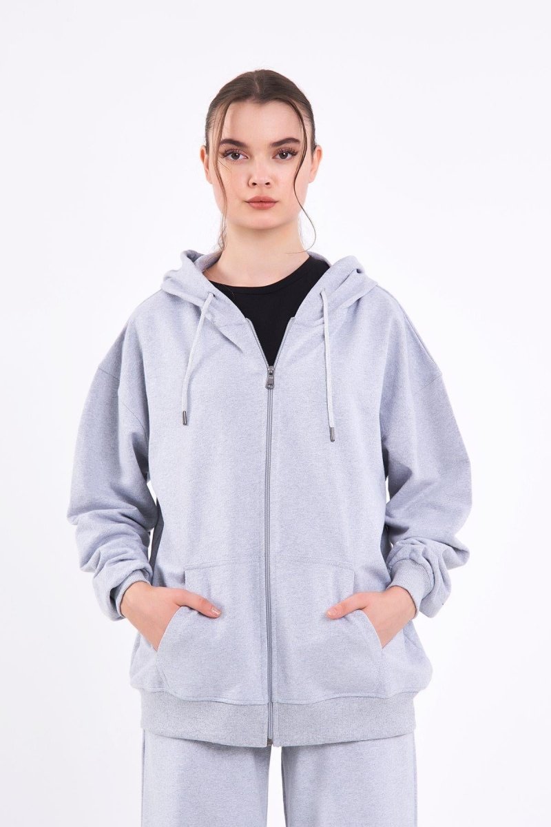 Gri Kanguru Cepli Kapüşonlu Fermuarlı Oversize Kadın Sweatshirt - MMETALIC