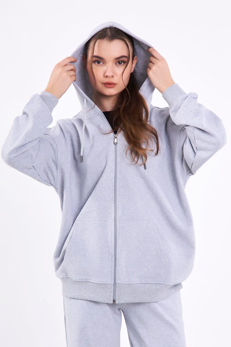 Gri Kanguru Cepli Kapüşonlu Fermuarlı Oversize Kadın Sweatshirt - MMETALIC