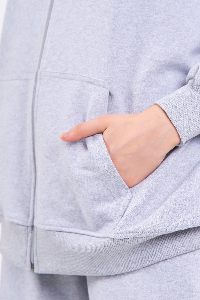 Gri Kanguru Cepli Kapüşonlu Fermuarlı Oversize Kadın Sweatshirt - MMETALIC