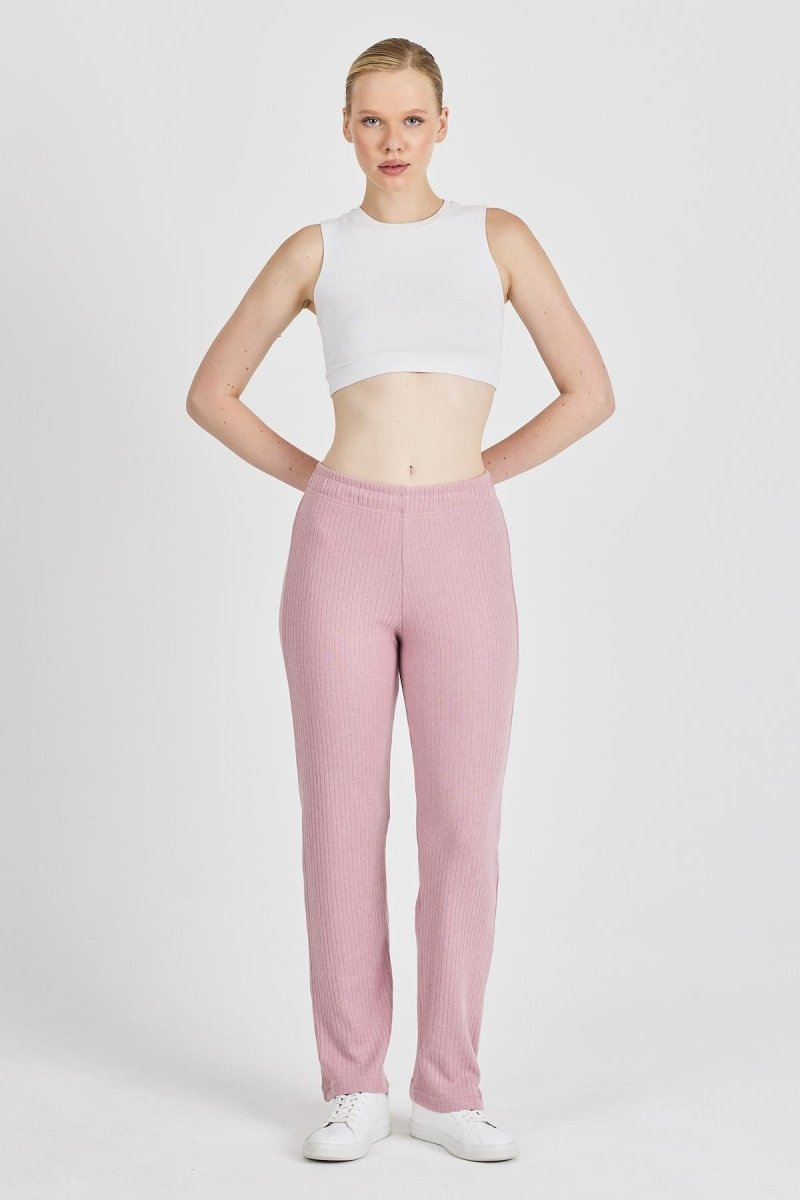 Gül Kurusu Fitilli Geniş Paça Pamuklu İnce Yüksek Bel Kadın Eşofman Altı - MMETALIC