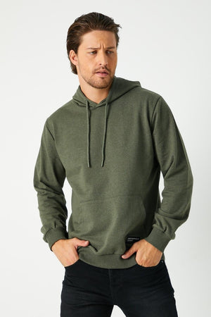 Haki Erkek Kapüşonlu Kanguru Cepli Sweatshirt - MMETALIC