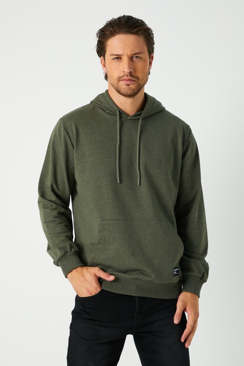Haki Erkek Kapüşonlu Kanguru Cepli Sweatshirt - MMETALIC
