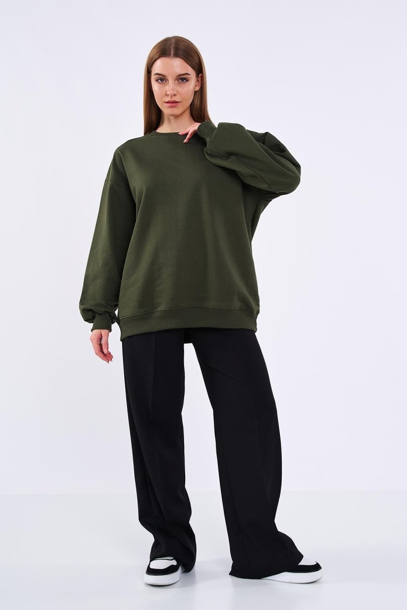 Haki Kadın Pamuklu Oversize Basic Bisiklet Yaka Sweatshirt - MMETALIC