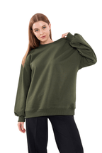 Haki Kadın Pamuklu Oversize Basic Bisiklet Yaka Sweatshirt - MMETALIC