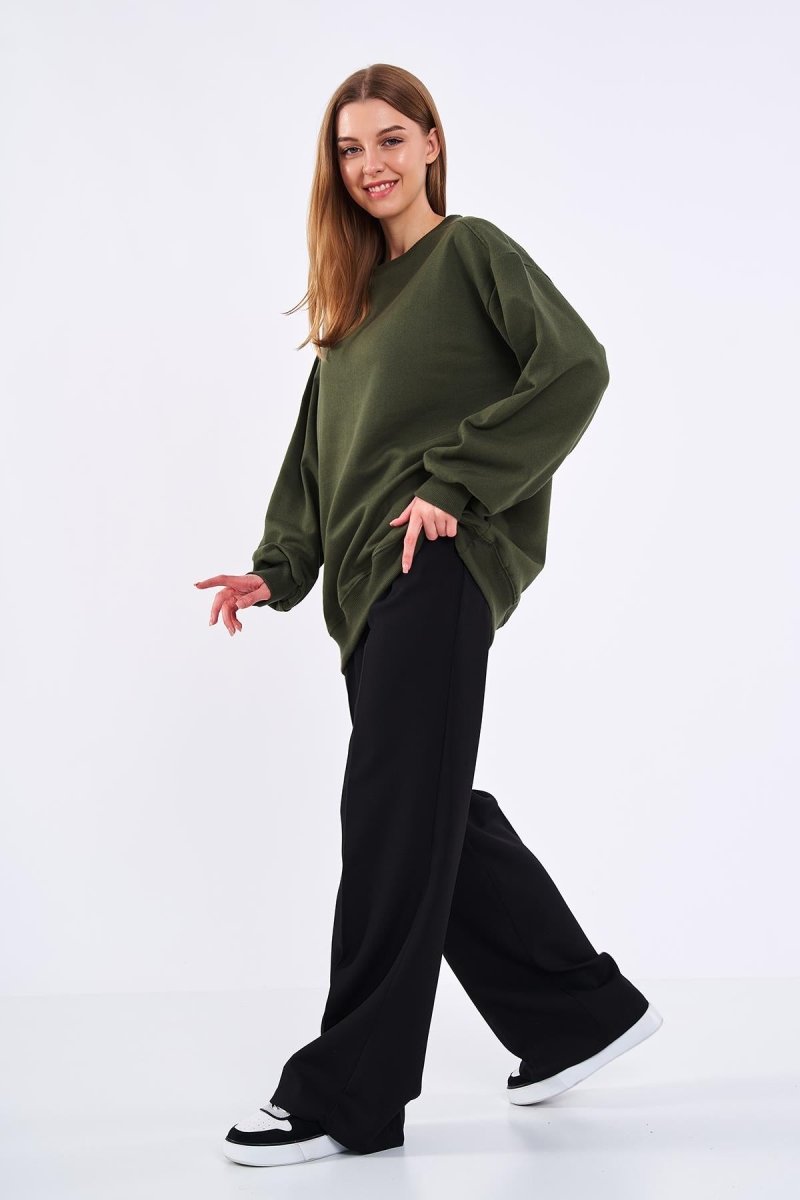 Haki Kadın Pamuklu Oversize Basic Bisiklet Yaka Sweatshirt - MMETALIC