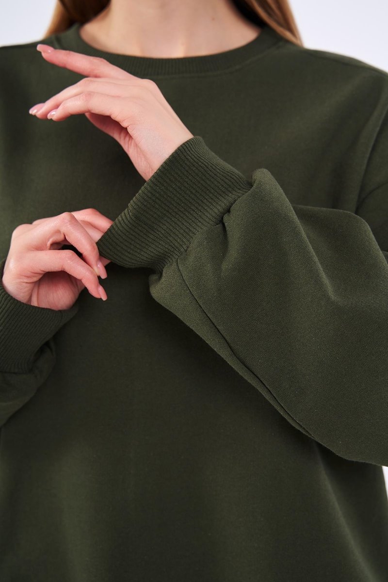 Haki Kadın Pamuklu Oversize Basic Bisiklet Yaka Sweatshirt - MMETALIC