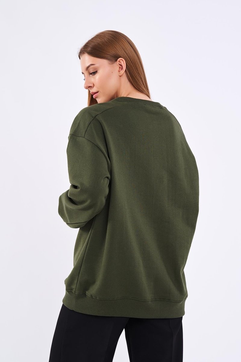 Haki Kadın Pamuklu Oversize Basic Bisiklet Yaka Sweatshirt - MMETALIC