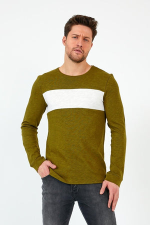 Haki Unisex Regular Fit Bisiklet Yaka Uzun Kollu Şeritli Sweat MTLC0 - H1 - MMETALIC