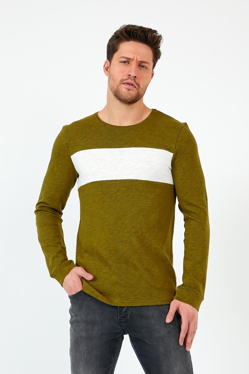 Haki Unisex Regular Fit Bisiklet Yaka Uzun Kollu Şeritli Sweat MTLC0 - H1 - MMETALIC