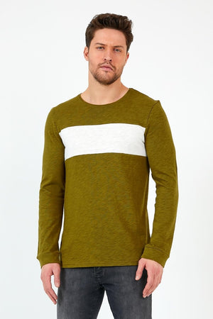 Haki Unisex Regular Fit Bisiklet Yaka Uzun Kollu Şeritli Sweat MTLC0 - H1 - MMETALIC